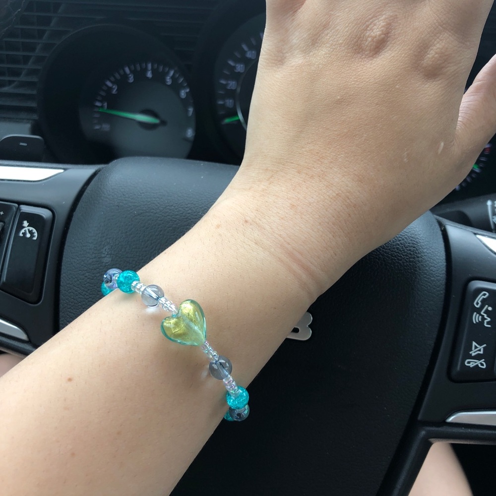 Handmade White and Blue Bracelet with Heart Charm